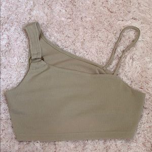 One shoulder tan crop-tank. Tortoise shell detail.